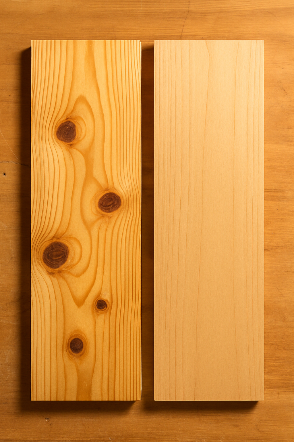 Timber boards showing knots vs clear grain